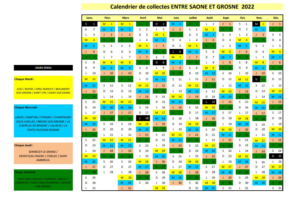 Calendrier 2022 collectes des OM 